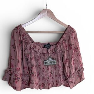Angie Dusty Pink Floral Smocked Peasant Top | Bell Sleeve Boho | Size L